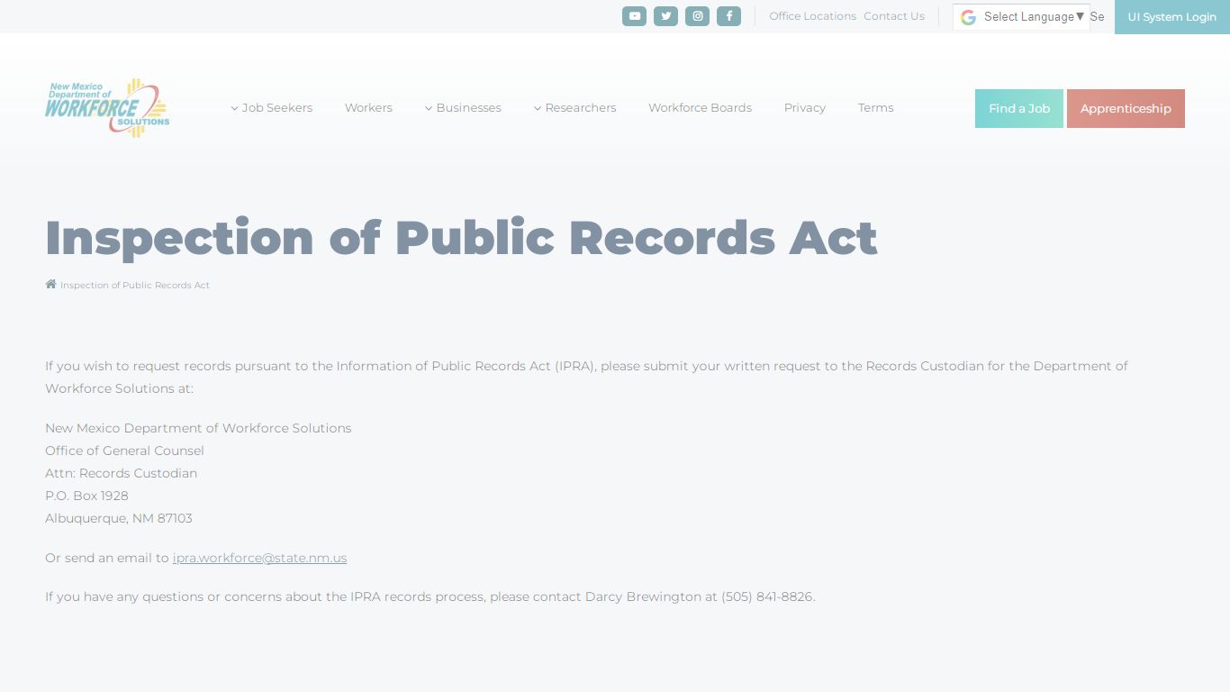 Inspection of Public Records Act - New Mexico Department of Workforce ...